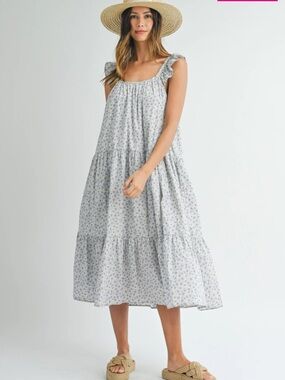 MABLE Light Blue Floral Tiered Midi Dress